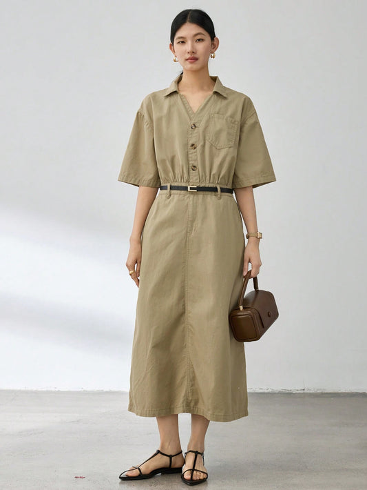 CM-DS161439 Women Casual Seoul Style Solid Color V-Neck Short Sleeve High Waist Denim Dress - Khaki