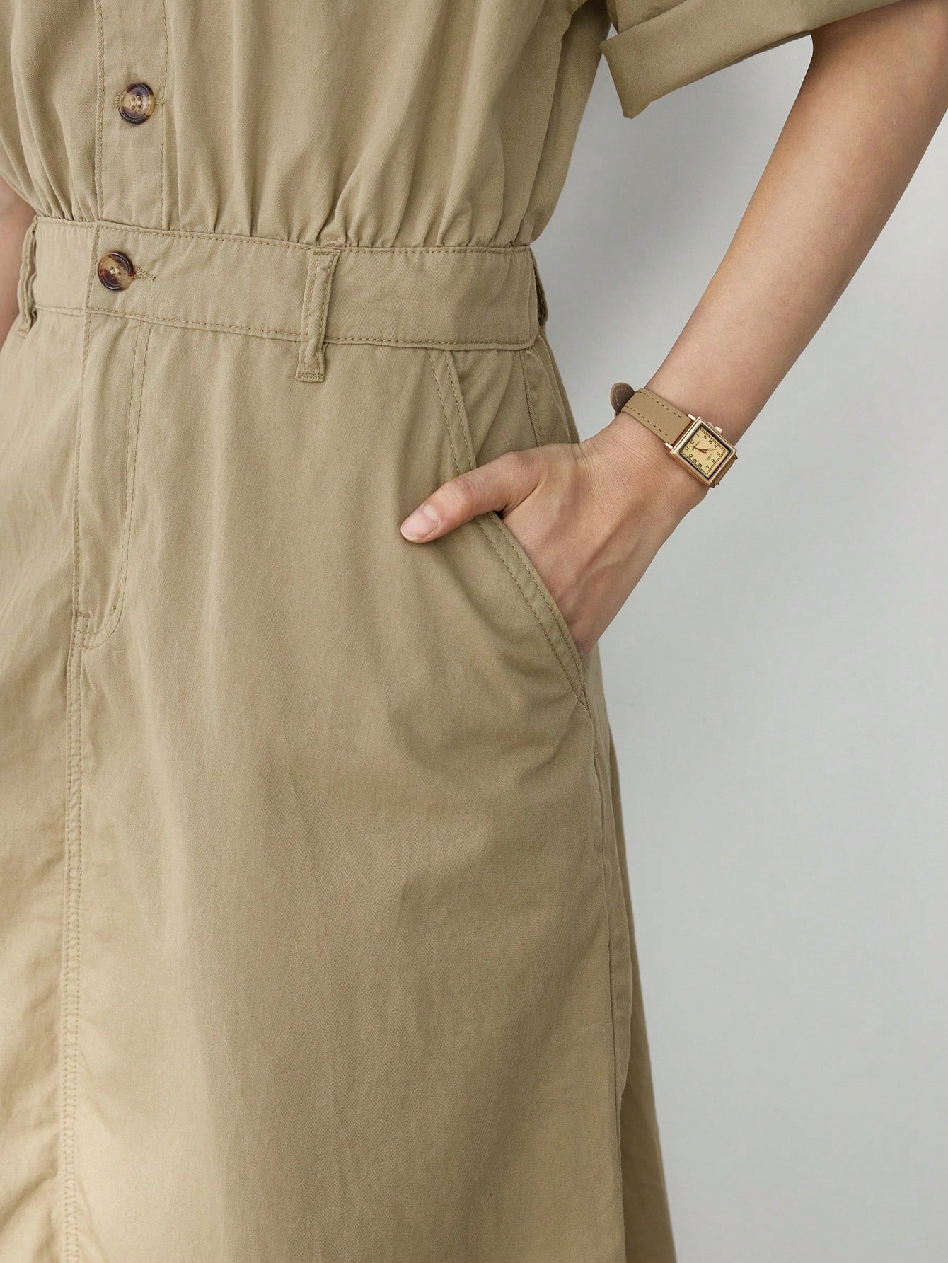 CM-DS161439 Women Casual Seoul Style Solid Color V-Neck Short Sleeve High Waist Denim Dress - Khaki