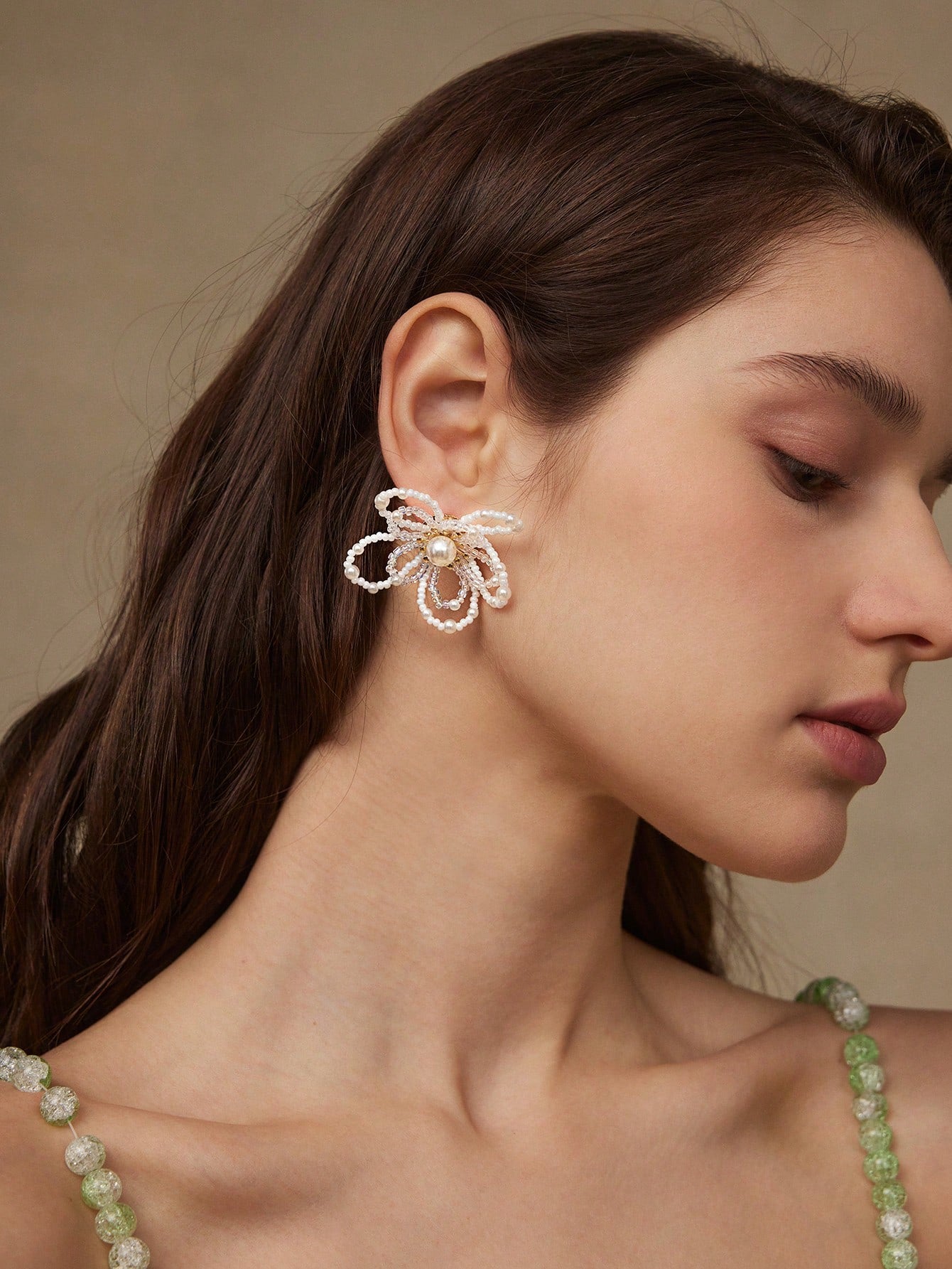 CM-AXS257669 Women Trendy Seoul Style 18K Gold Plated Beaded Double Layer Floral Earrings