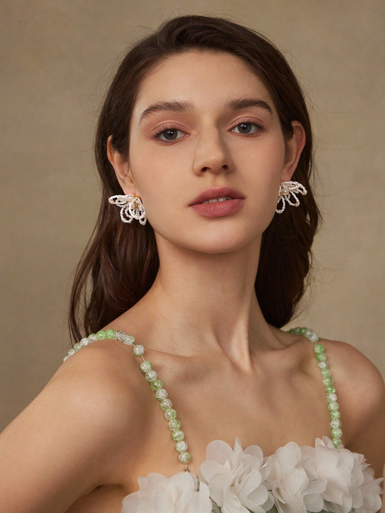 CM-AXS257669 Women Trendy Seoul Style 18K Gold Plated Beaded Double Layer Floral Earrings