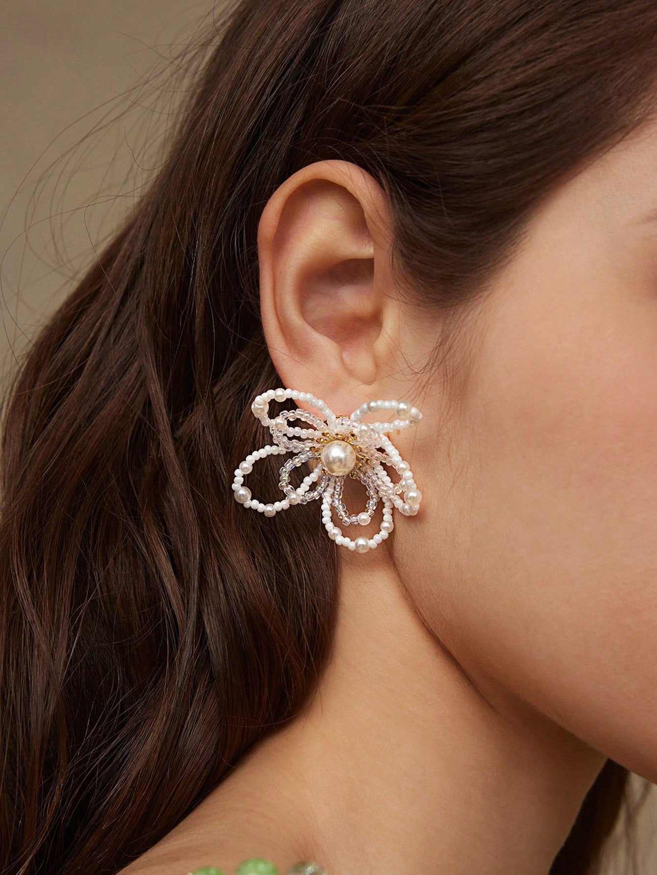 CM-AXS257669 Women Trendy Seoul Style 18K Gold Plated Beaded Double Layer Floral Earrings