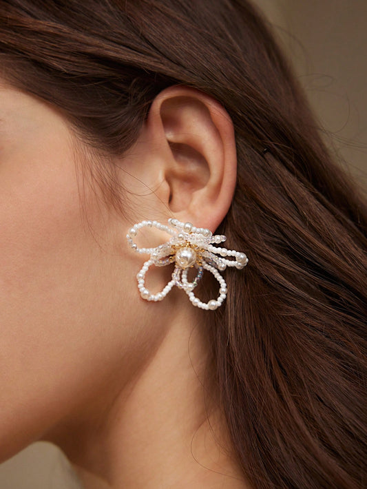 CM-AXS257669 Women Trendy Seoul Style 18K Gold Plated Beaded Double Layer Floral Earrings