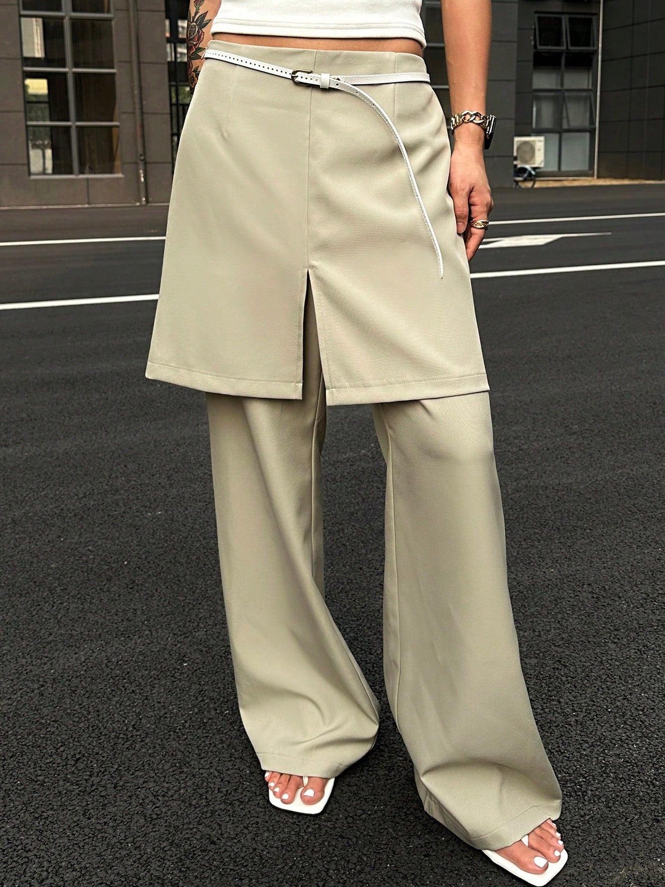 CM-BS532353 Women Casual Seoul Style Split Patchwork Flare Pants - Khaki