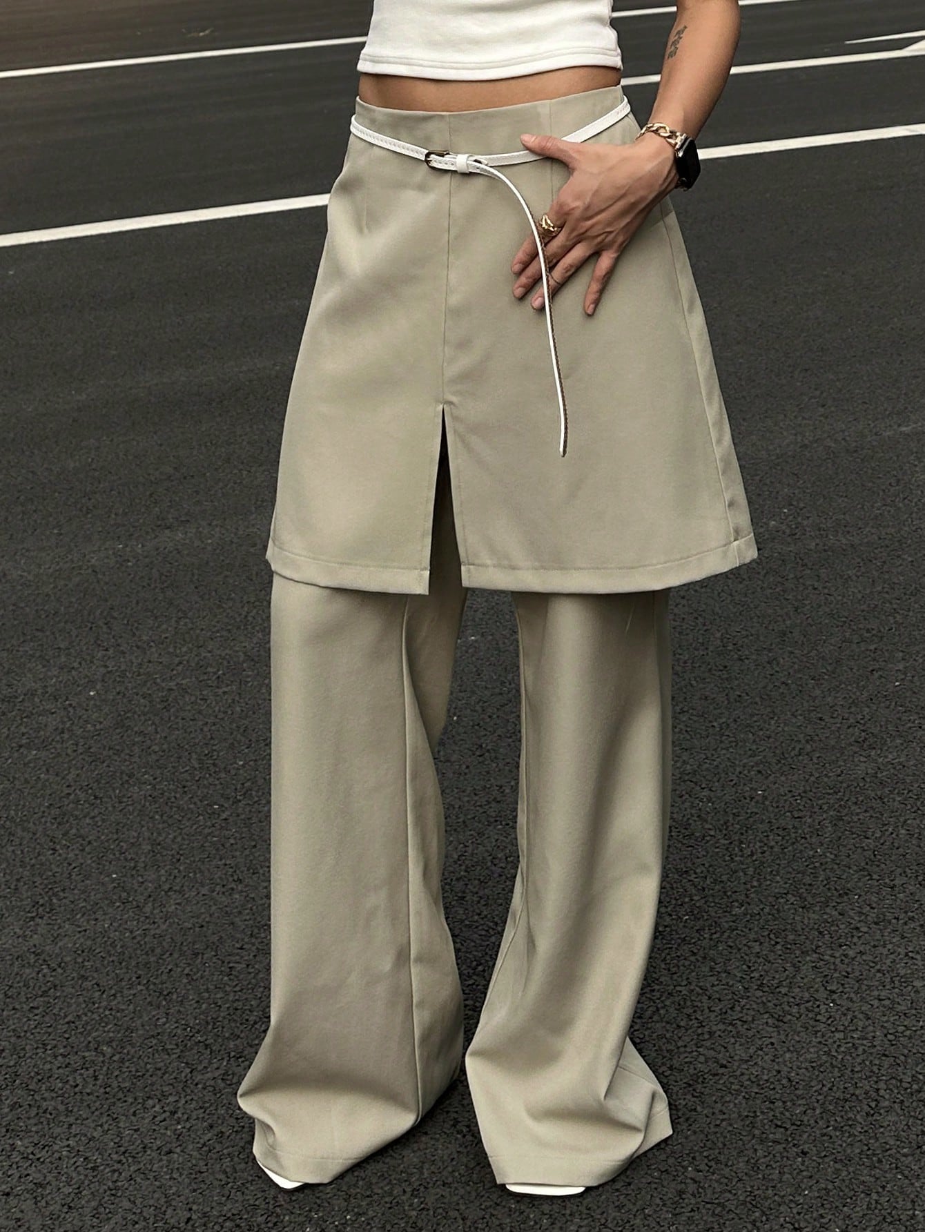 CM-BS532353 Women Casual Seoul Style Split Patchwork Flare Pants - Khaki
