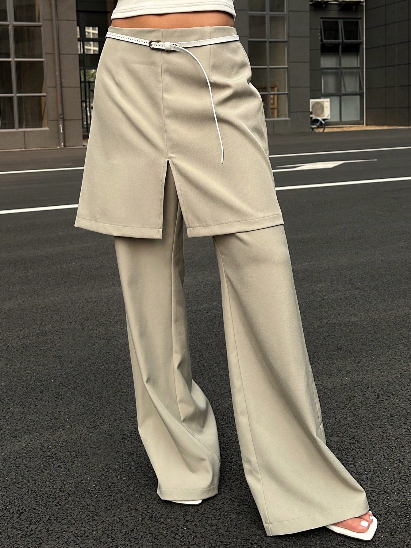CM-BS532353 Women Casual Seoul Style Split Patchwork Flare Pants - Khaki