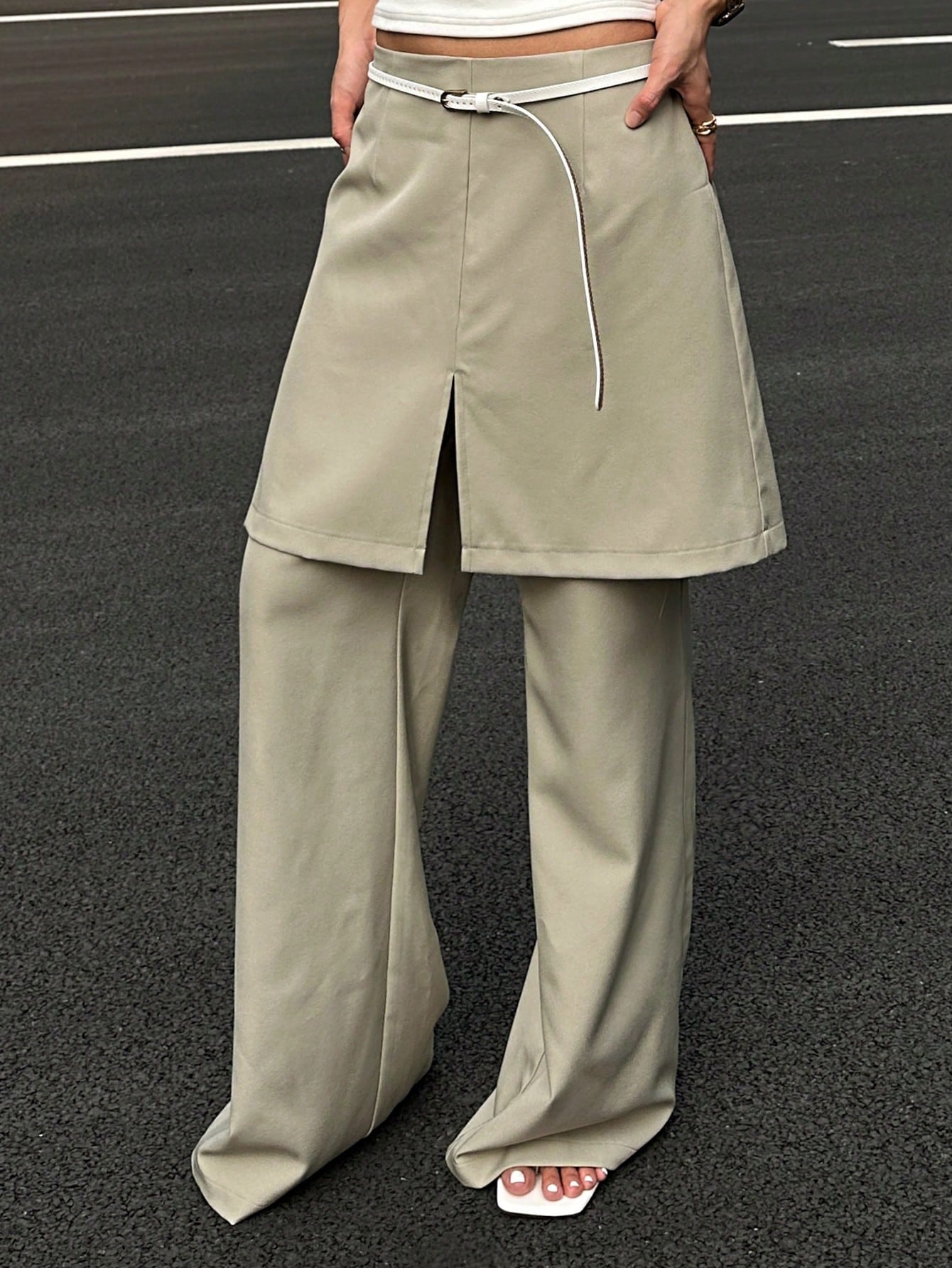 CM-BS532353 Women Casual Seoul Style Split Patchwork Flare Pants - Khaki