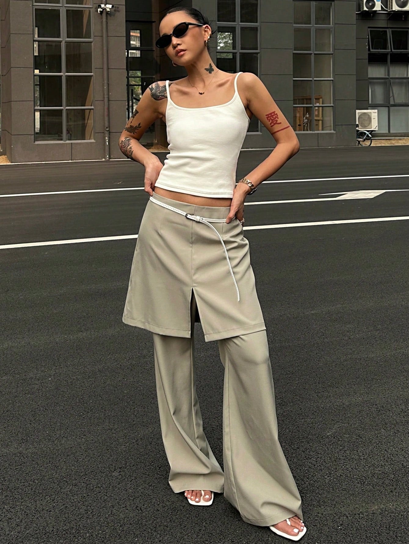 CM-BS532353 Women Casual Seoul Style Split Patchwork Flare Pants - Khaki