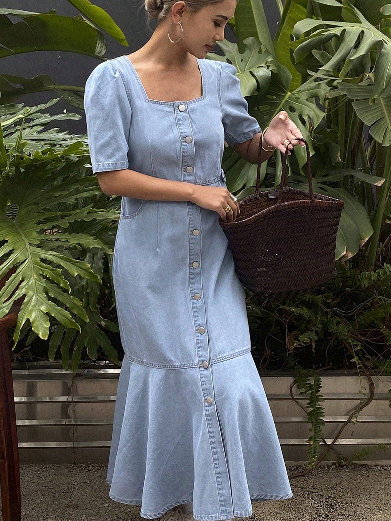 CM-DS523358 Women Casual Seoul Style Square Neck Puff Sleeve Mermaid Denim Dress - Blue