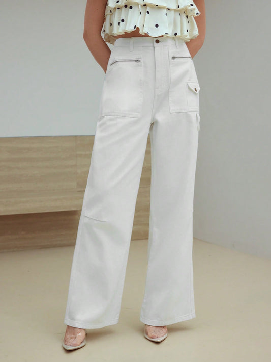 CM-BS914993 Women Casual Seoul Style Loose Fit Straight Leg Denim Jeans - White