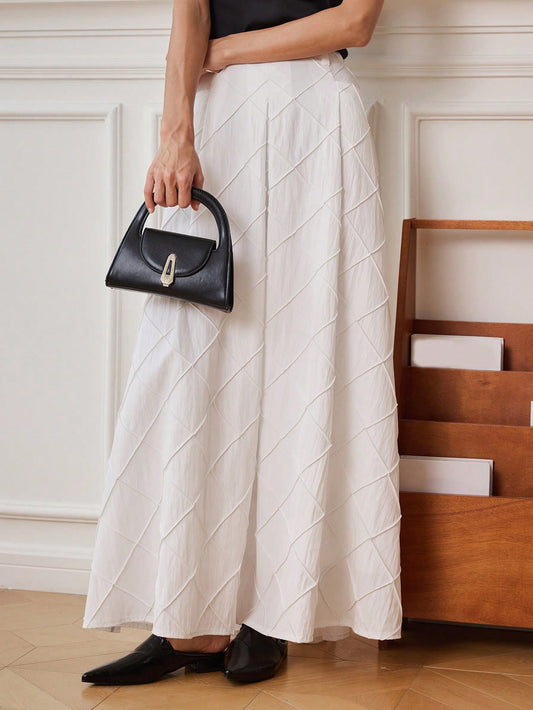 CM-BS557593 Women Trendy Bohemian Style High Waist Wide Hem Pleated Long Skirt - White