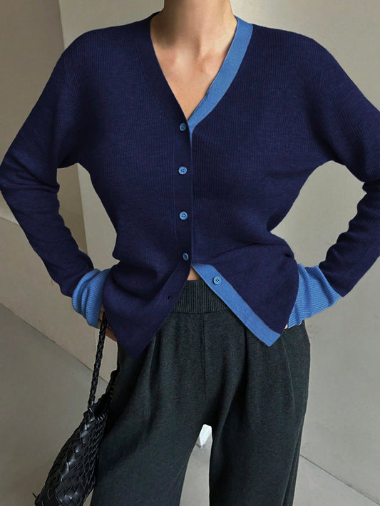 CM-CS418846 Women Casual Seoul Style Color-Block Trim Button-Up V-Neck Cardigan Sweater - Navy Blue