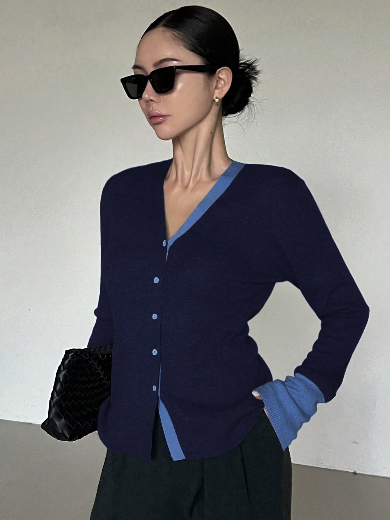 CM-CS418846 Women Casual Seoul Style Color-Block Trim Button-Up V-Neck Cardigan Sweater - Navy Blue