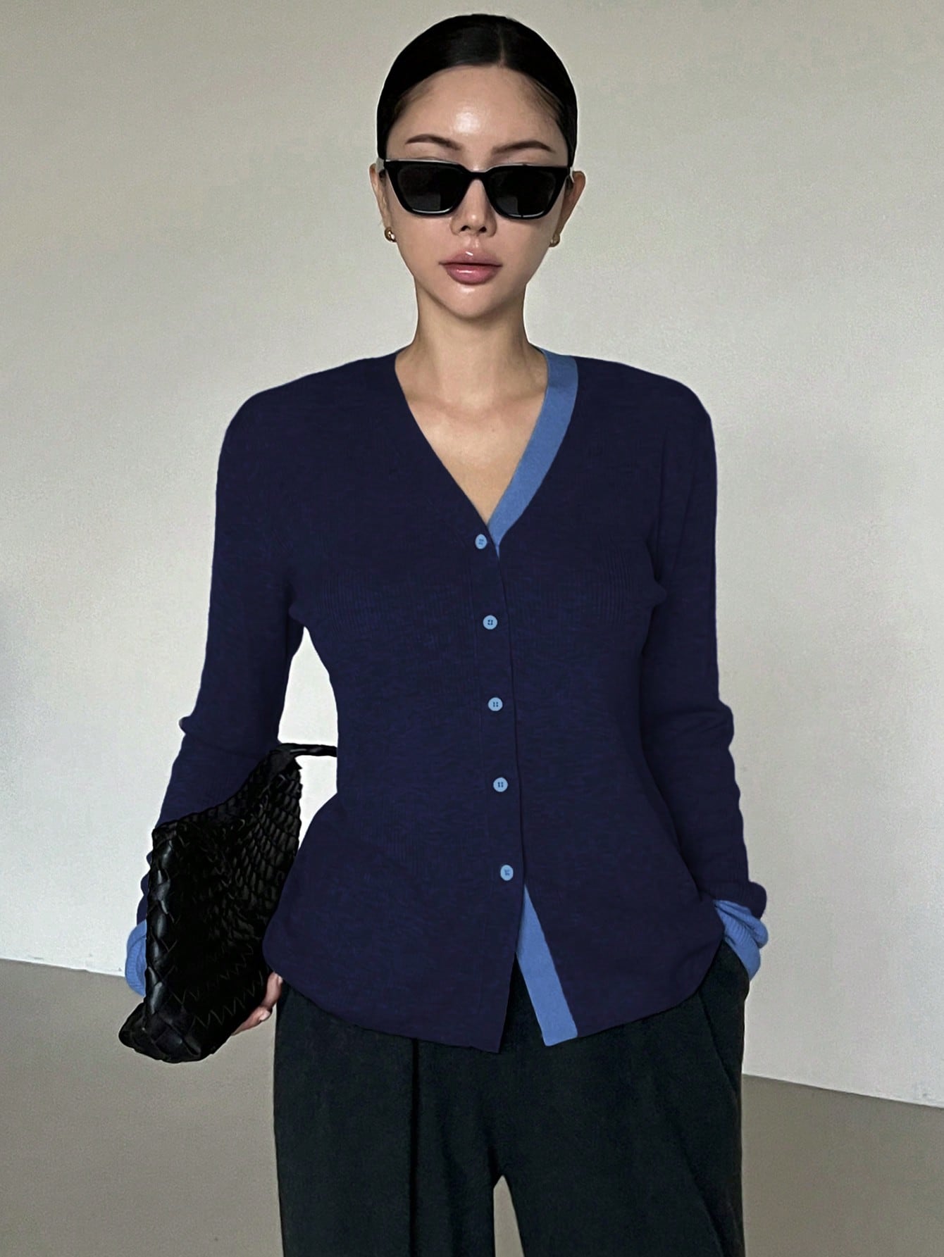 CM-CS418846 Women Casual Seoul Style Color-Block Trim Button-Up V-Neck Cardigan Sweater - Navy Blue