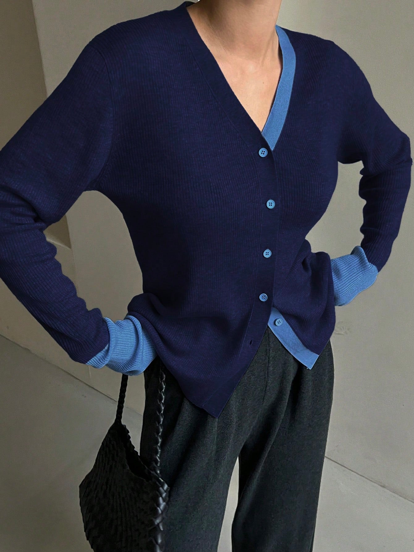 CM-CS418846 Women Casual Seoul Style Color-Block Trim Button-Up V-Neck Cardigan Sweater - Navy Blue