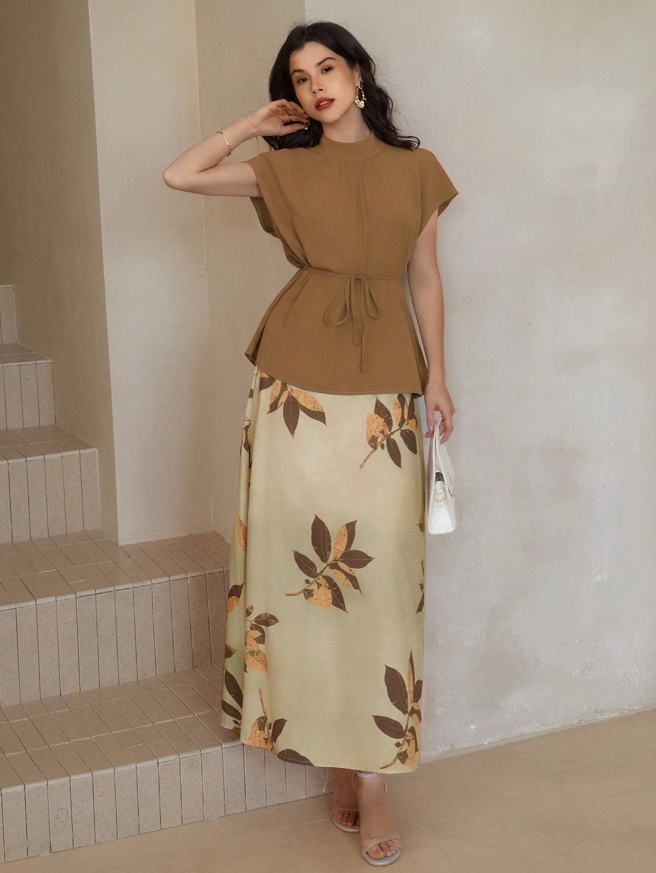 CM-SS855358 Women Casual Seoul Style Solid Color Batwing Sleeve Blouse With Floral Print Midi Skirt - Set