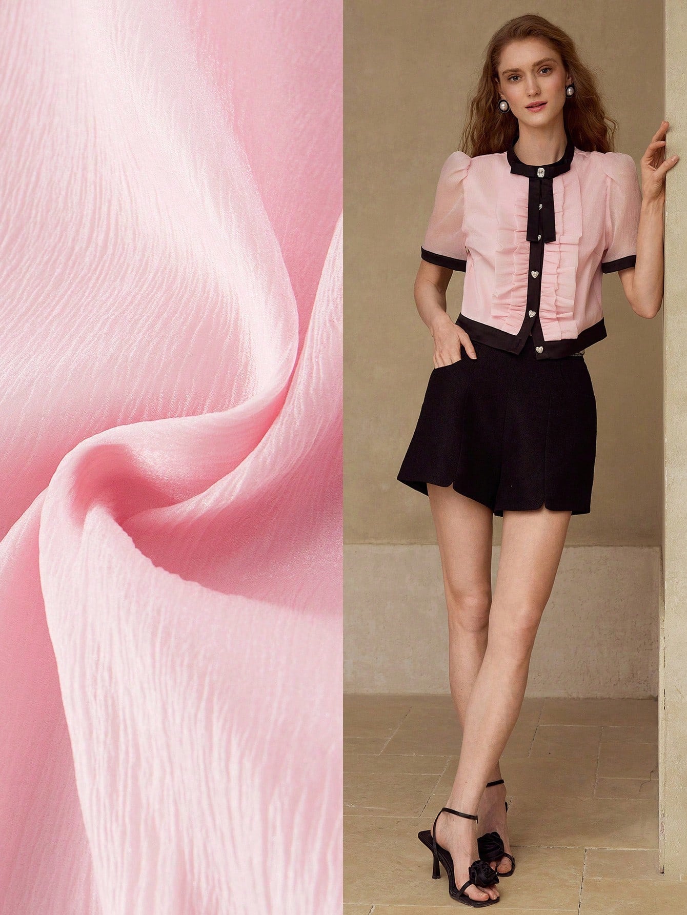 CM-TS269850 Women Elegant Seoul Style Round Neck Puff Sleeve Contrast Binding Ruffle Trim Blouse