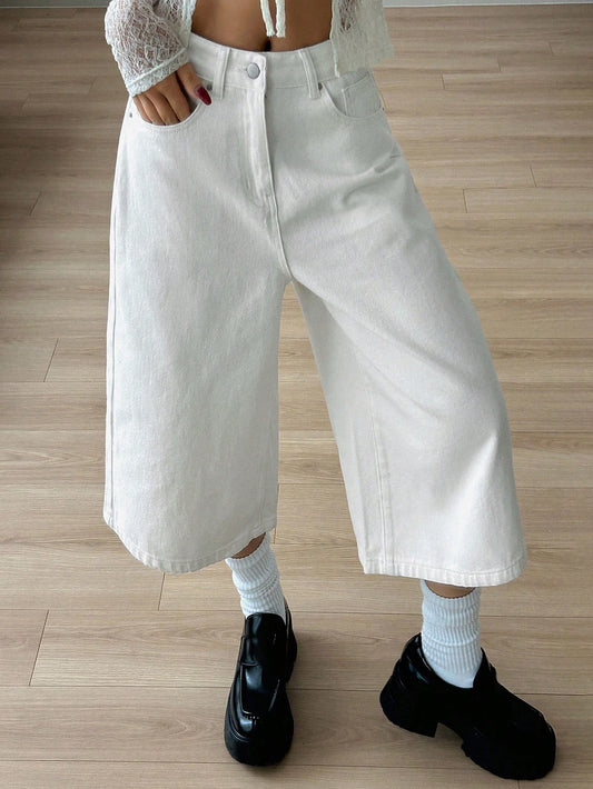 CM-BS059210 Women Casual Seoul Style Mid Waist Loose Straight Leg Cropped Jeans - White