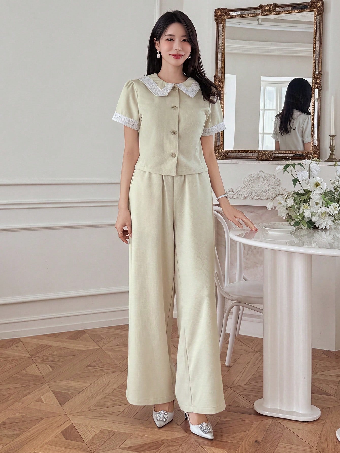 CM-SS570884 Women Elegant Seoul Style Single-Breasted Collar Neckline Short Sleeve Shirt With Pants - Set