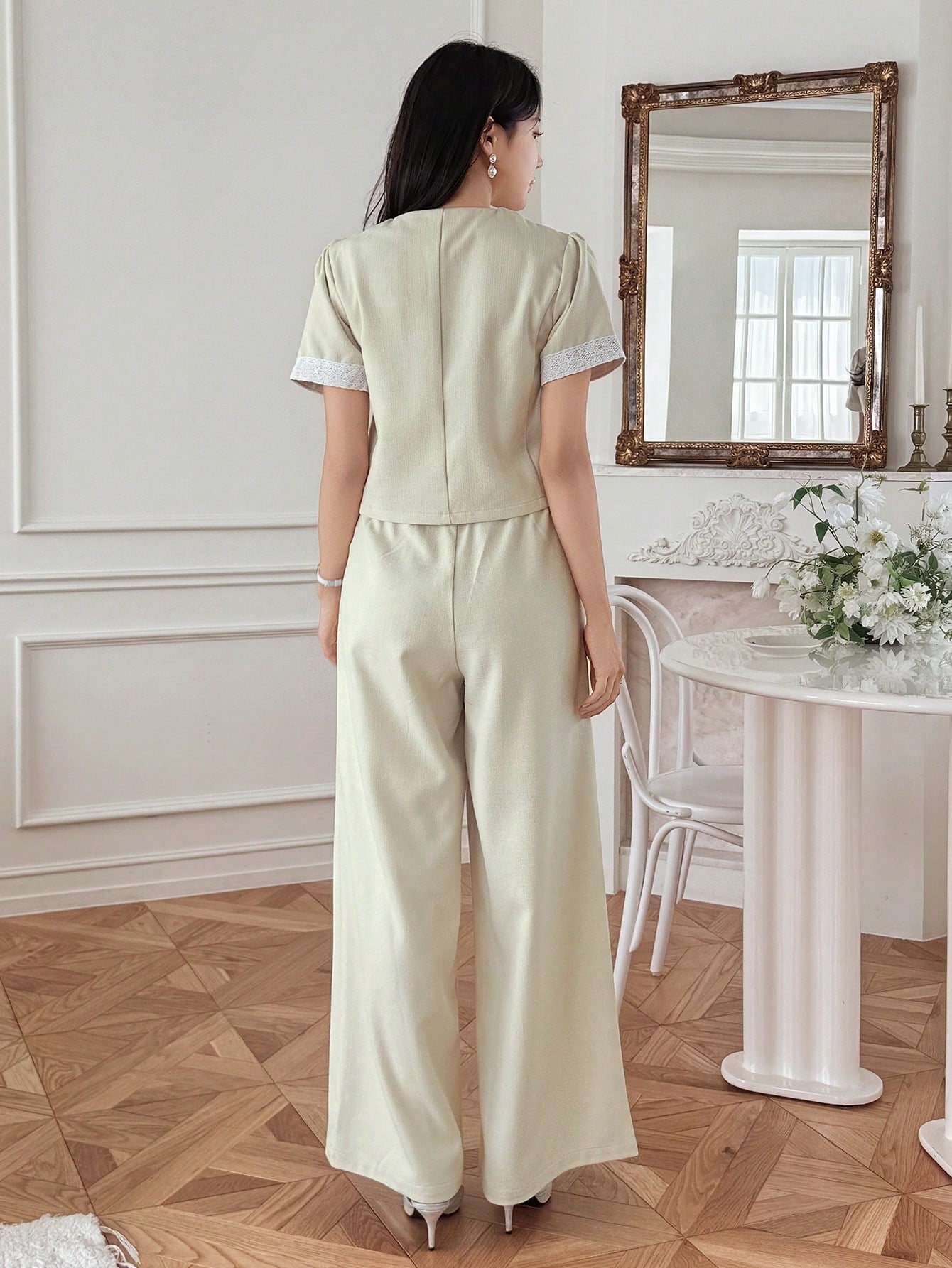 CM-SS570884 Women Elegant Seoul Style Single-Breasted Collar Neckline Short Sleeve Shirt With Pants - Set