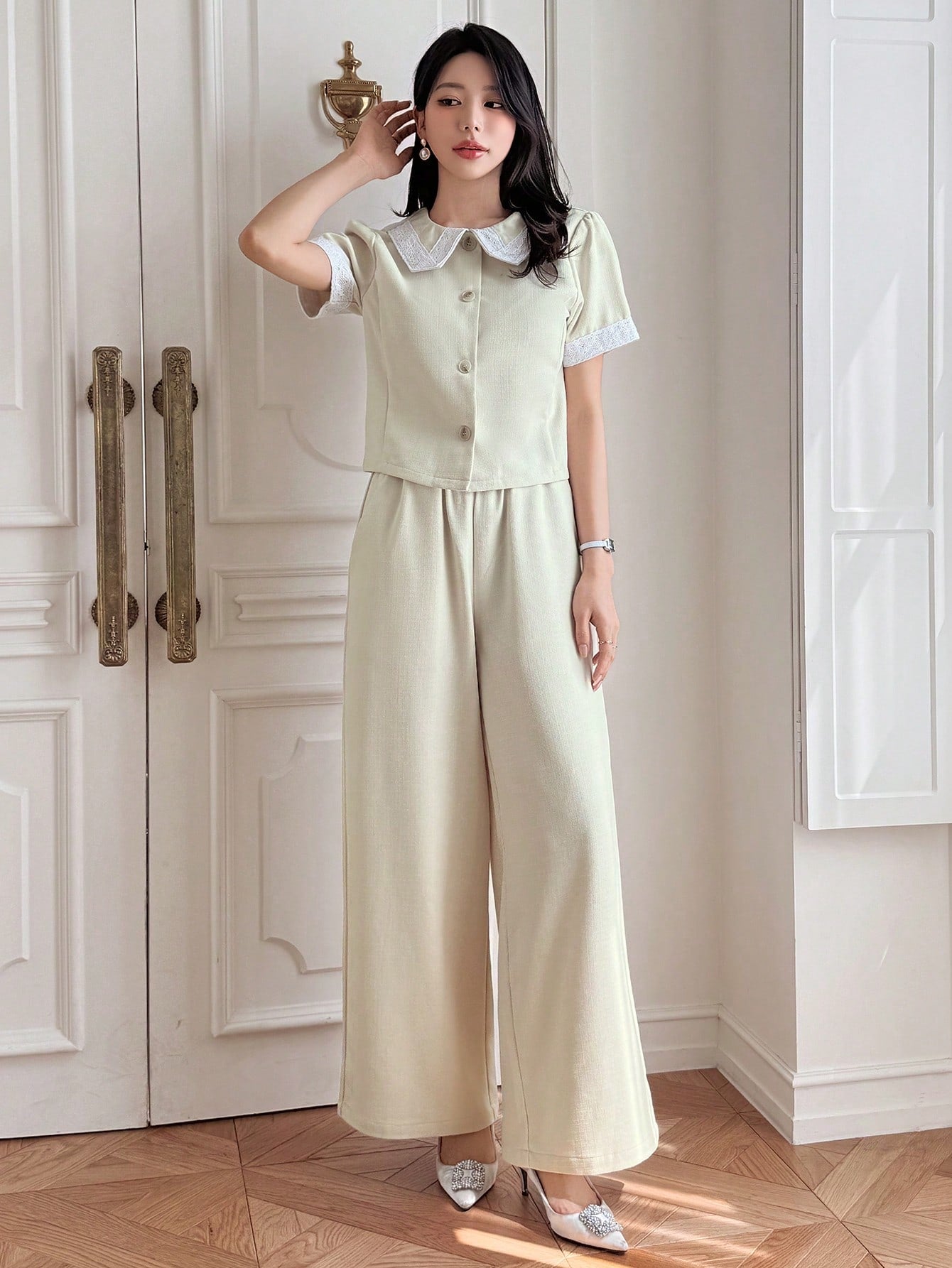 CM-SS570884 Women Elegant Seoul Style Single-Breasted Collar Neckline Short Sleeve Shirt With Pants - Set