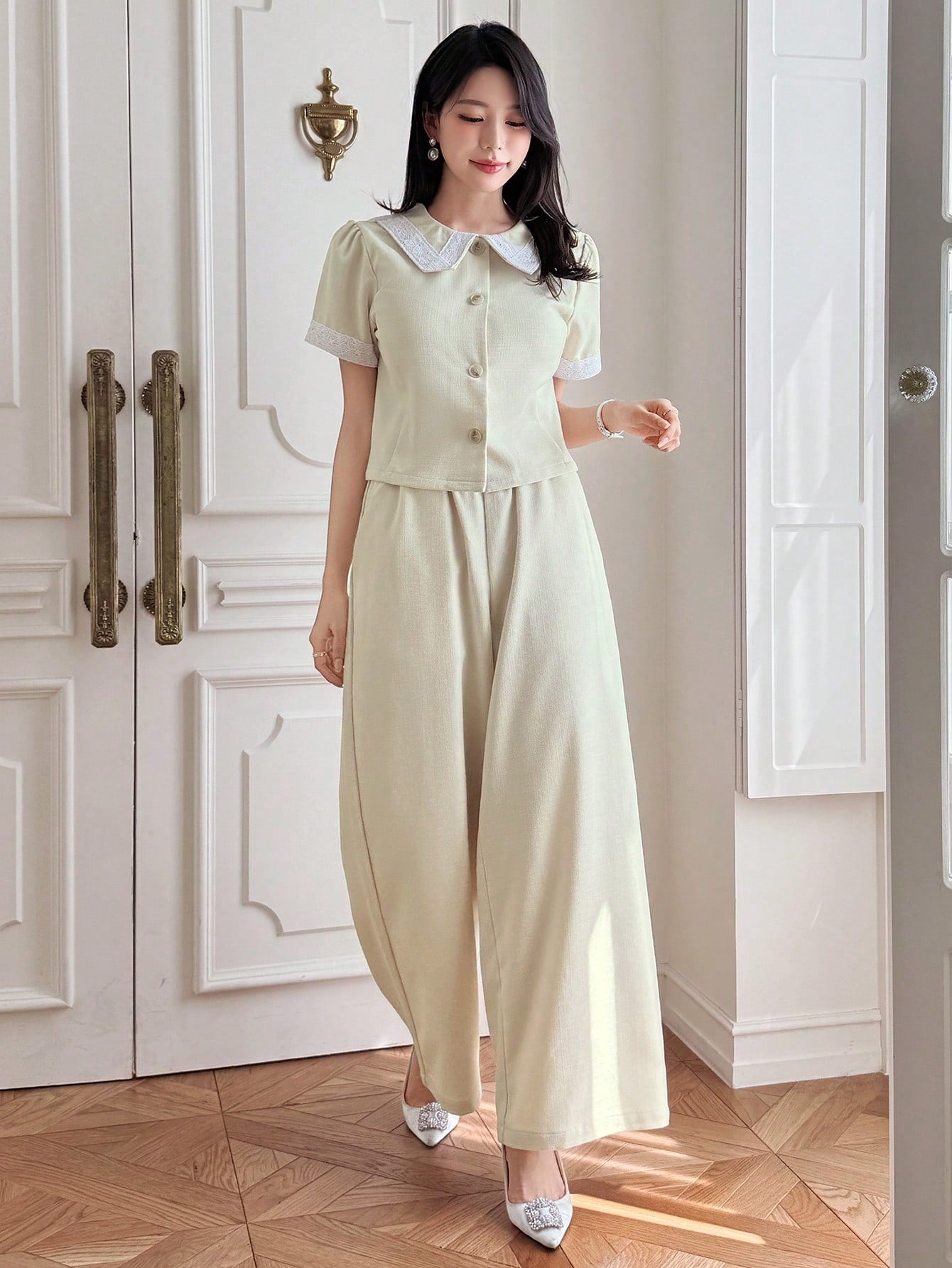 CM-SS570884 Women Elegant Seoul Style Single-Breasted Collar Neckline Short Sleeve Shirt With Pants - Set