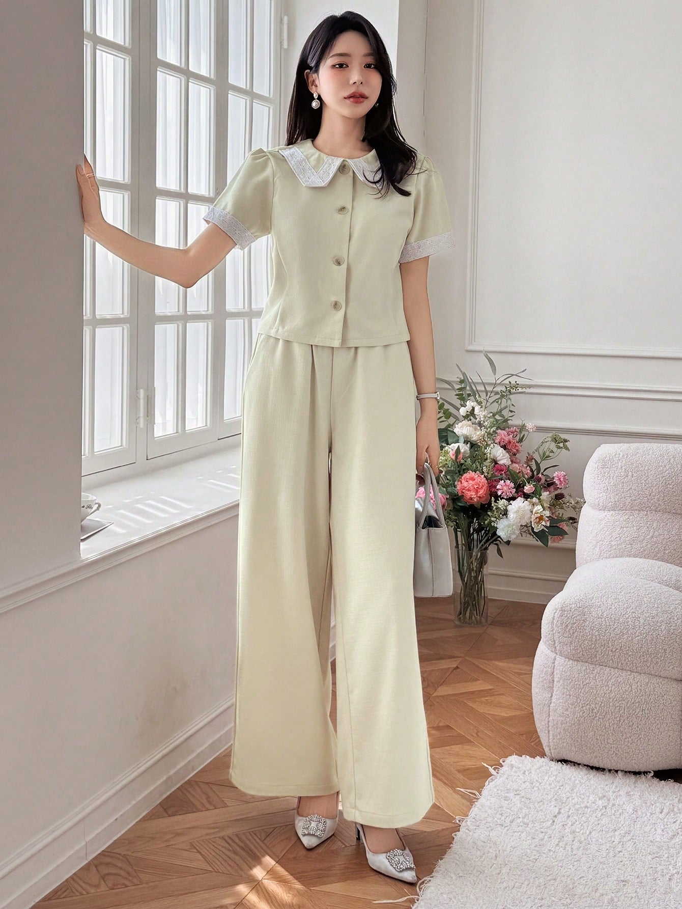 CM-SS570884 Women Elegant Seoul Style Single-Breasted Collar Neckline Short Sleeve Shirt With Pants - Set