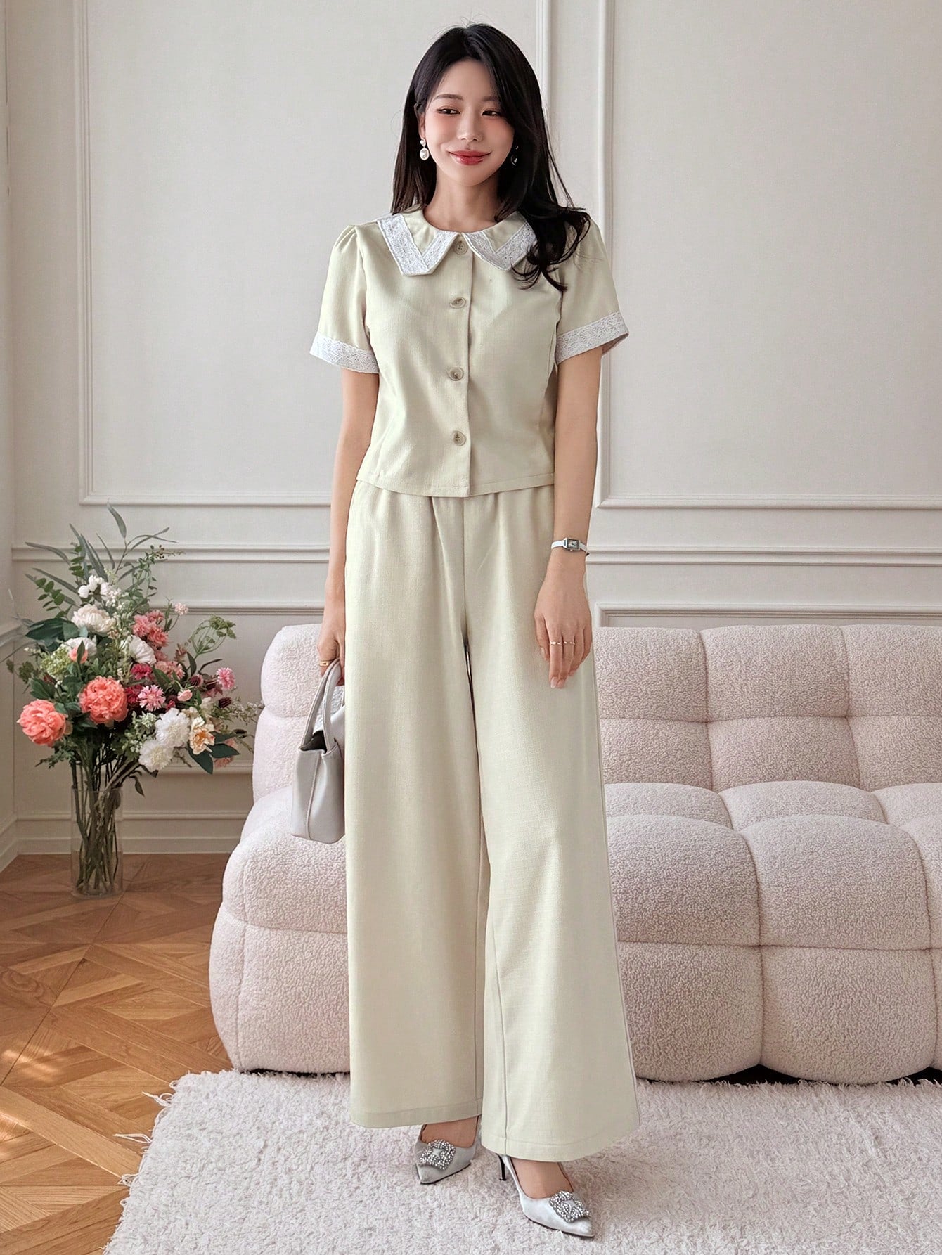 CM-SS570884 Women Elegant Seoul Style Single-Breasted Collar Neckline Short Sleeve Shirt With Pants - Set