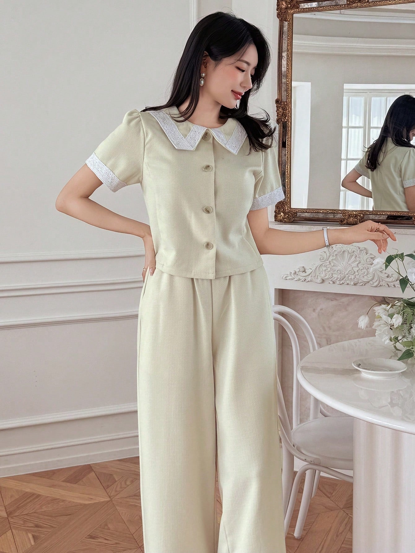 CM-SS570884 Women Elegant Seoul Style Single-Breasted Collar Neckline Short Sleeve Shirt With Pants - Set