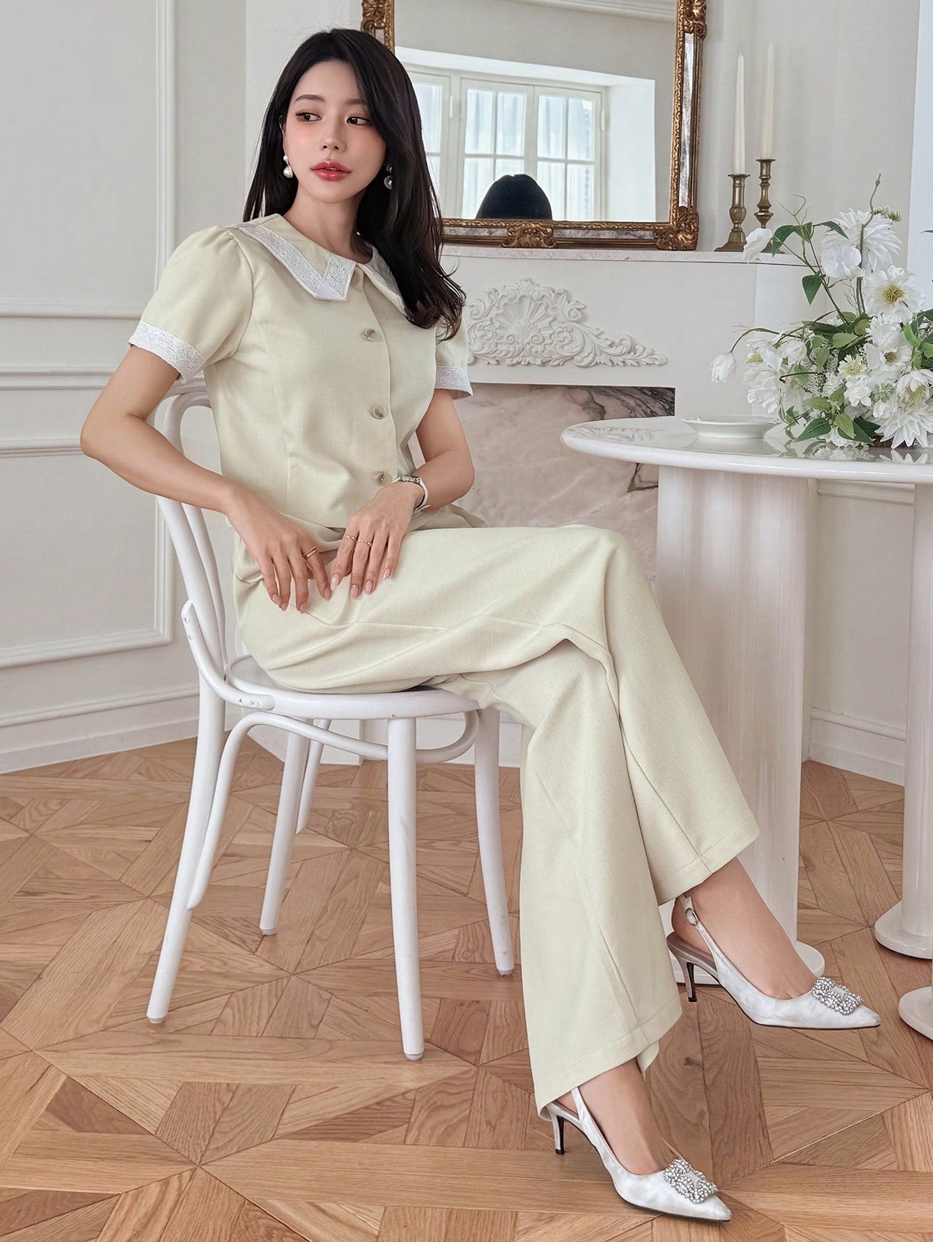 CM-SS570884 Women Elegant Seoul Style Single-Breasted Collar Neckline Short Sleeve Shirt With Pants - Set
