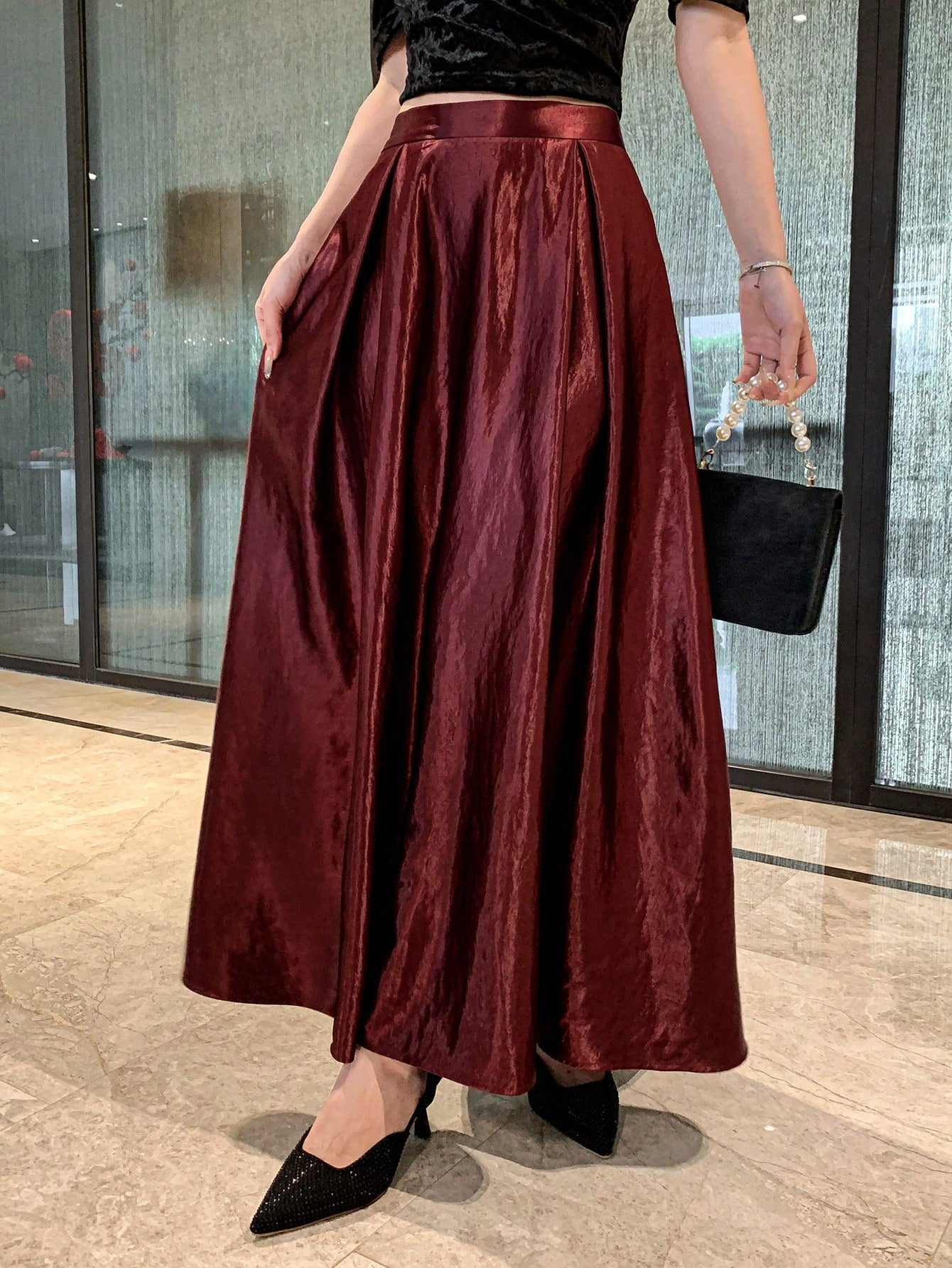 CM-BS235763 Women Elegant Seoul Style Satin Pleated Maxi Skirt - Burgundy