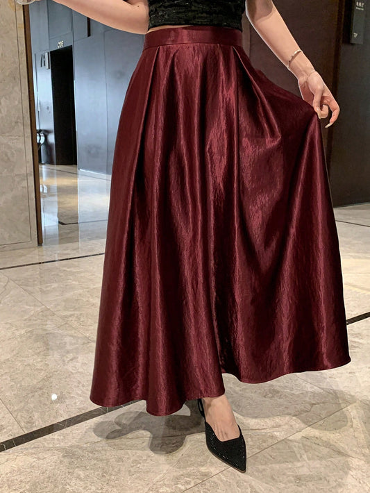 CM-BS235763 Women Elegant Seoul Style Satin Pleated Maxi Skirt - Burgundy