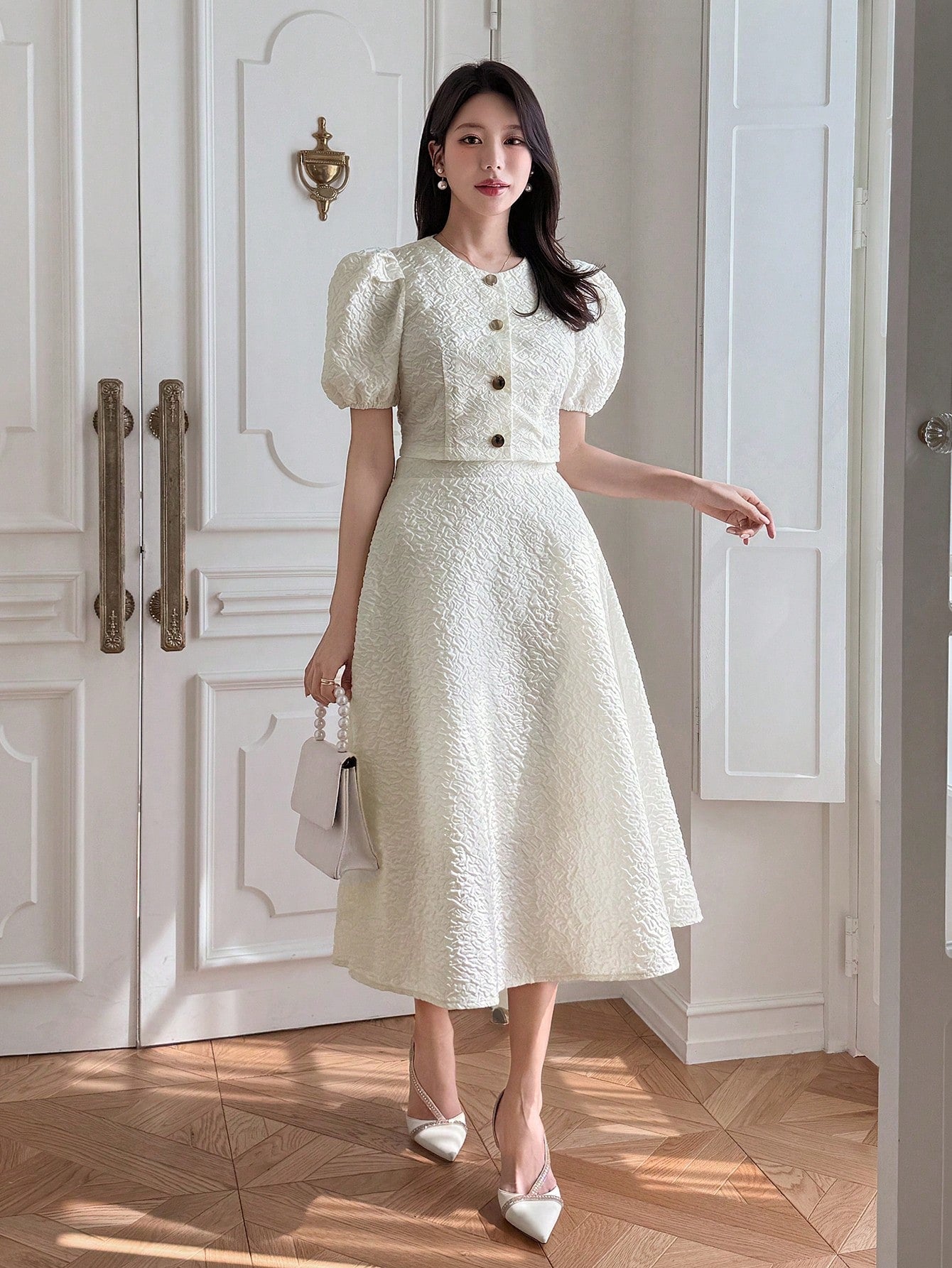 CM-SS111267 Women Elegant Seoul Style Round Neck Puff Sleeve Blouse With Maxi Skirt - Set