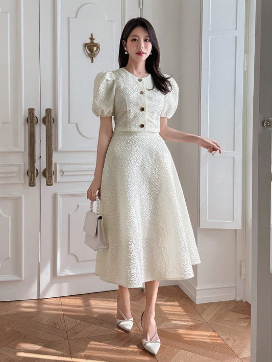 CM-SS111267 Women Elegant Seoul Style Round Neck Puff Sleeve Blouse With Maxi Skirt - Set
