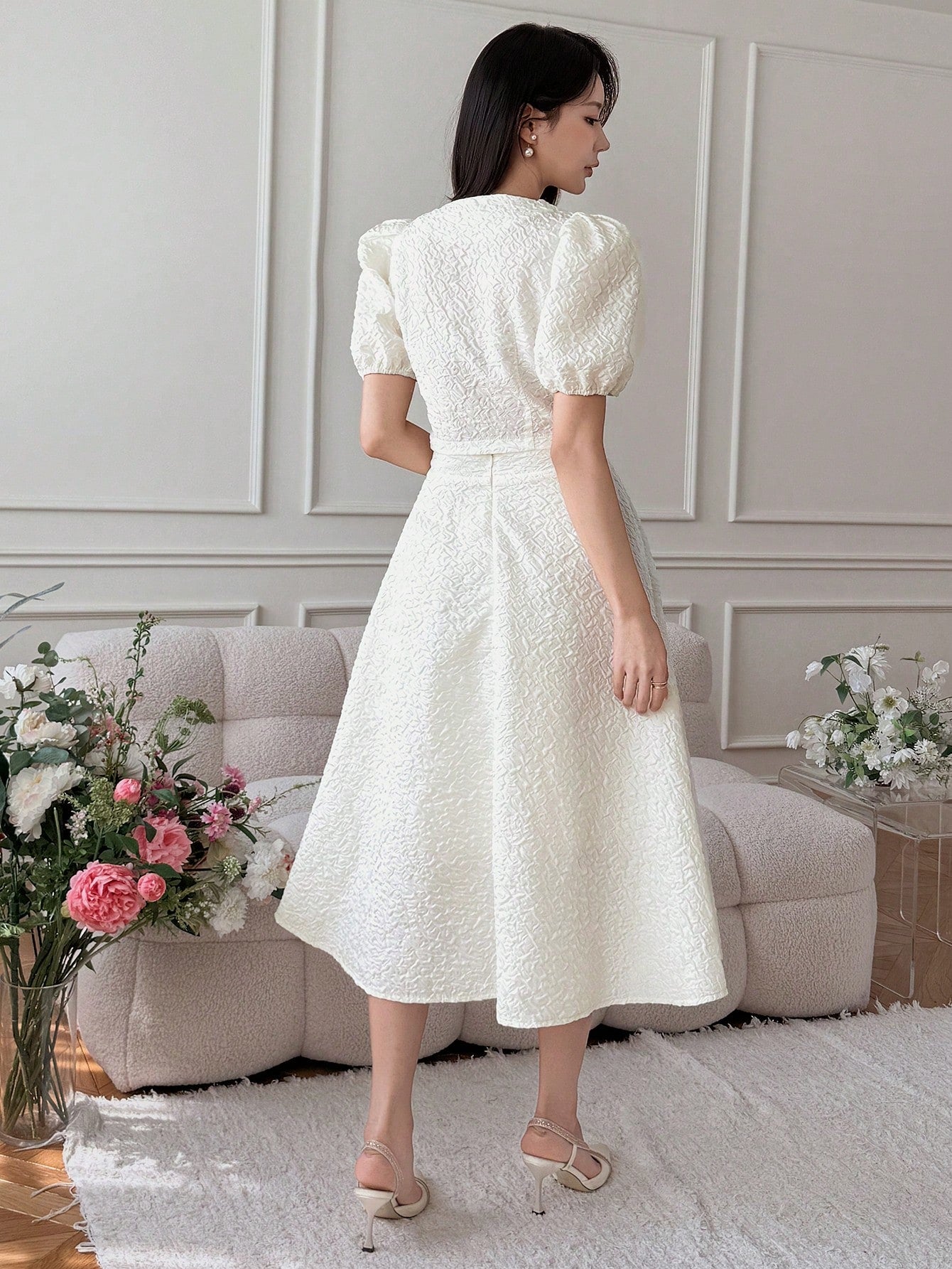 CM-SS111267 Women Elegant Seoul Style Round Neck Puff Sleeve Blouse With Maxi Skirt - Set