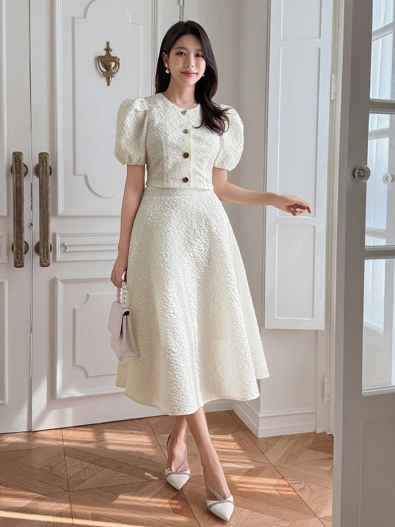 CM-SS111267 Women Elegant Seoul Style Round Neck Puff Sleeve Blouse With Maxi Skirt - Set