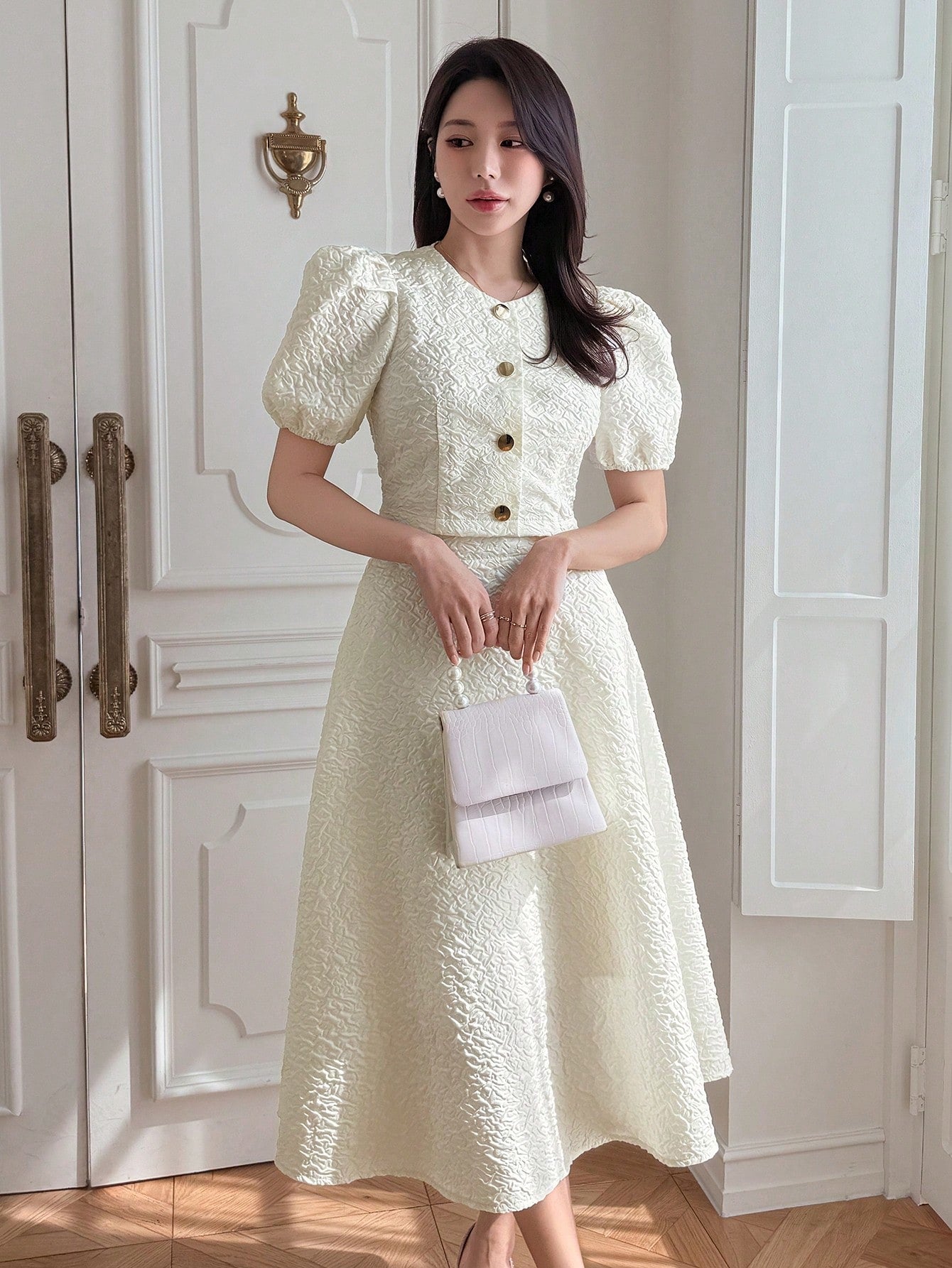 CM-SS111267 Women Elegant Seoul Style Round Neck Puff Sleeve Blouse With Maxi Skirt - Set