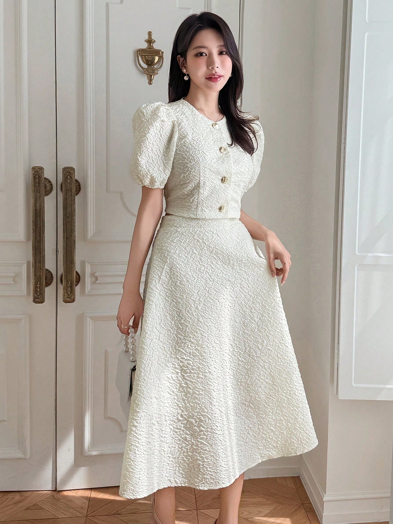 CM-SS111267 Women Elegant Seoul Style Round Neck Puff Sleeve Blouse With Maxi Skirt - Set