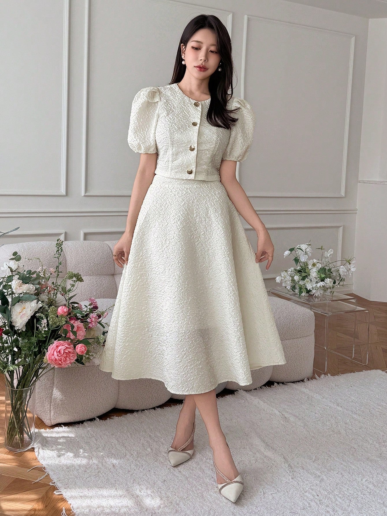 CM-SS111267 Women Elegant Seoul Style Round Neck Puff Sleeve Blouse With Maxi Skirt - Set