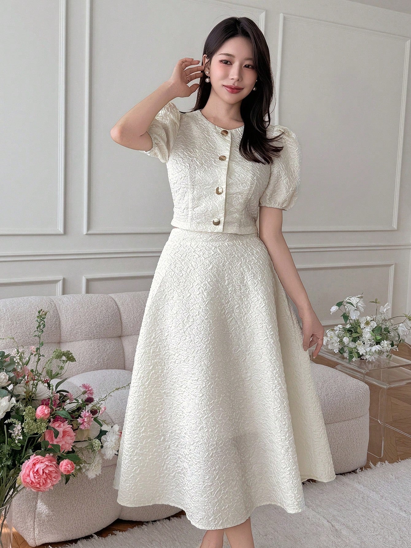 CM-SS111267 Women Elegant Seoul Style Round Neck Puff Sleeve Blouse With Maxi Skirt - Set