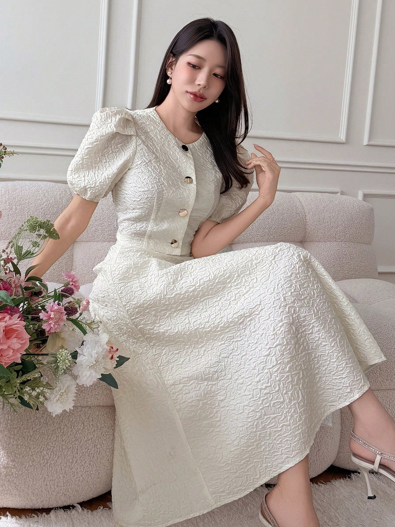 CM-SS111267 Women Elegant Seoul Style Round Neck Puff Sleeve Blouse With Maxi Skirt - Set