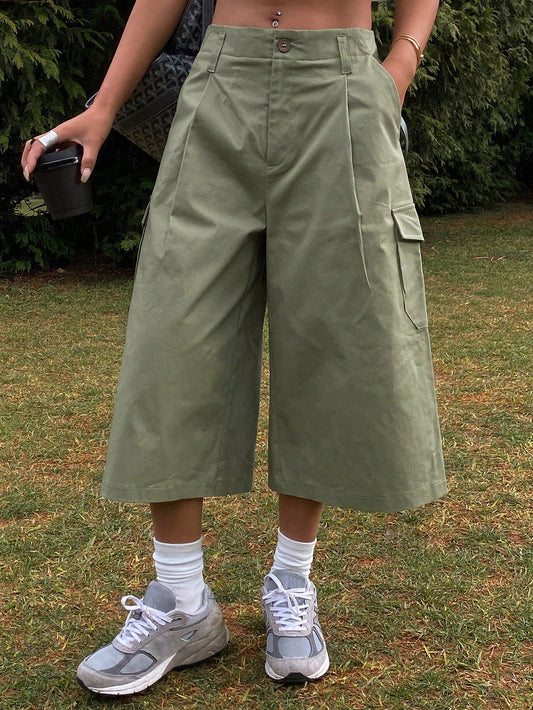 CM-BS762868 Women Casual Seoul Style Solid Color Loose Pocket 7/10 Length Pants - Army Green