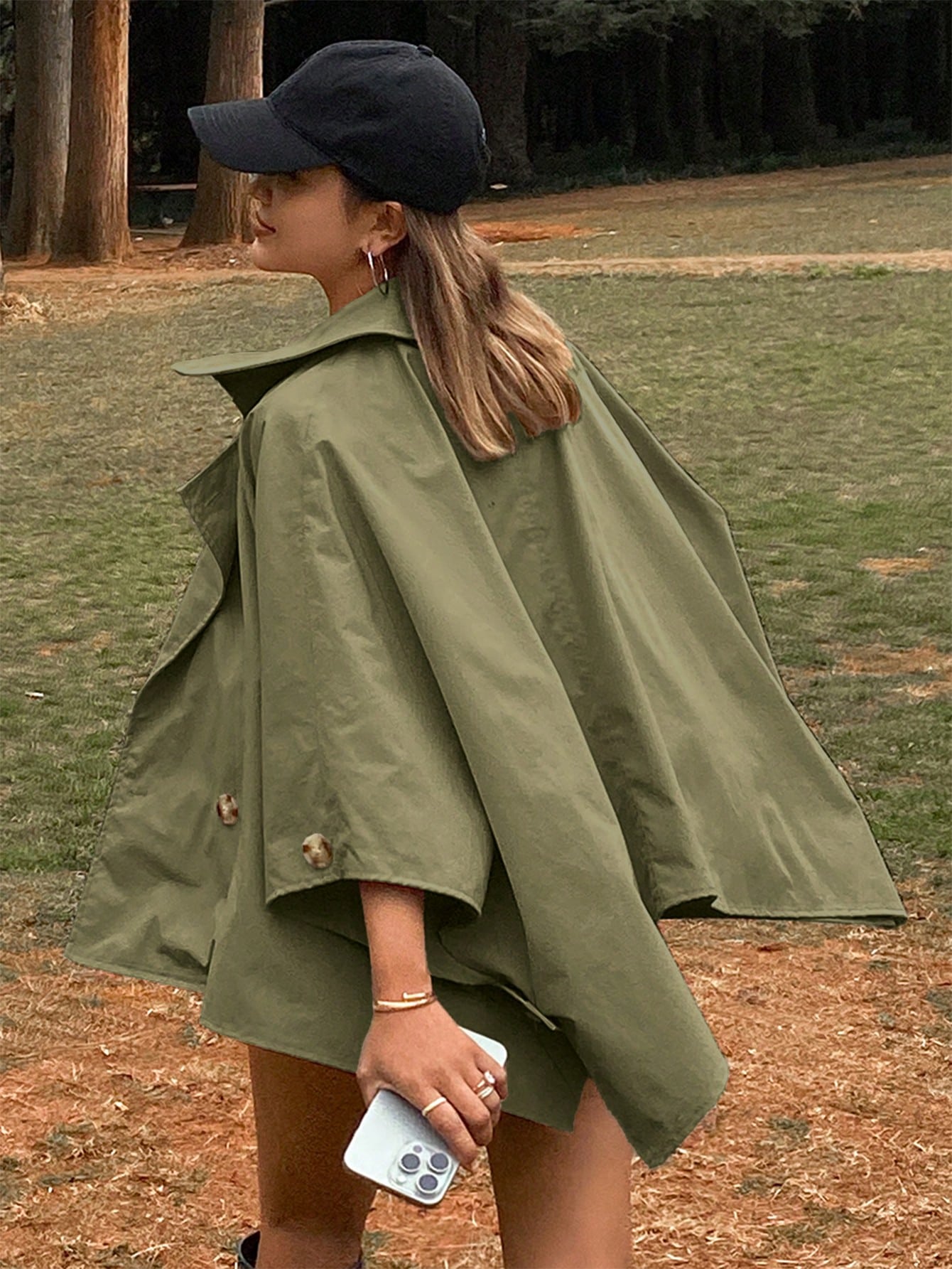 CM-CS663167 Women Casual Seoul Style Solid Color Loose Turndown Collar Bomber Jacket - Army Green