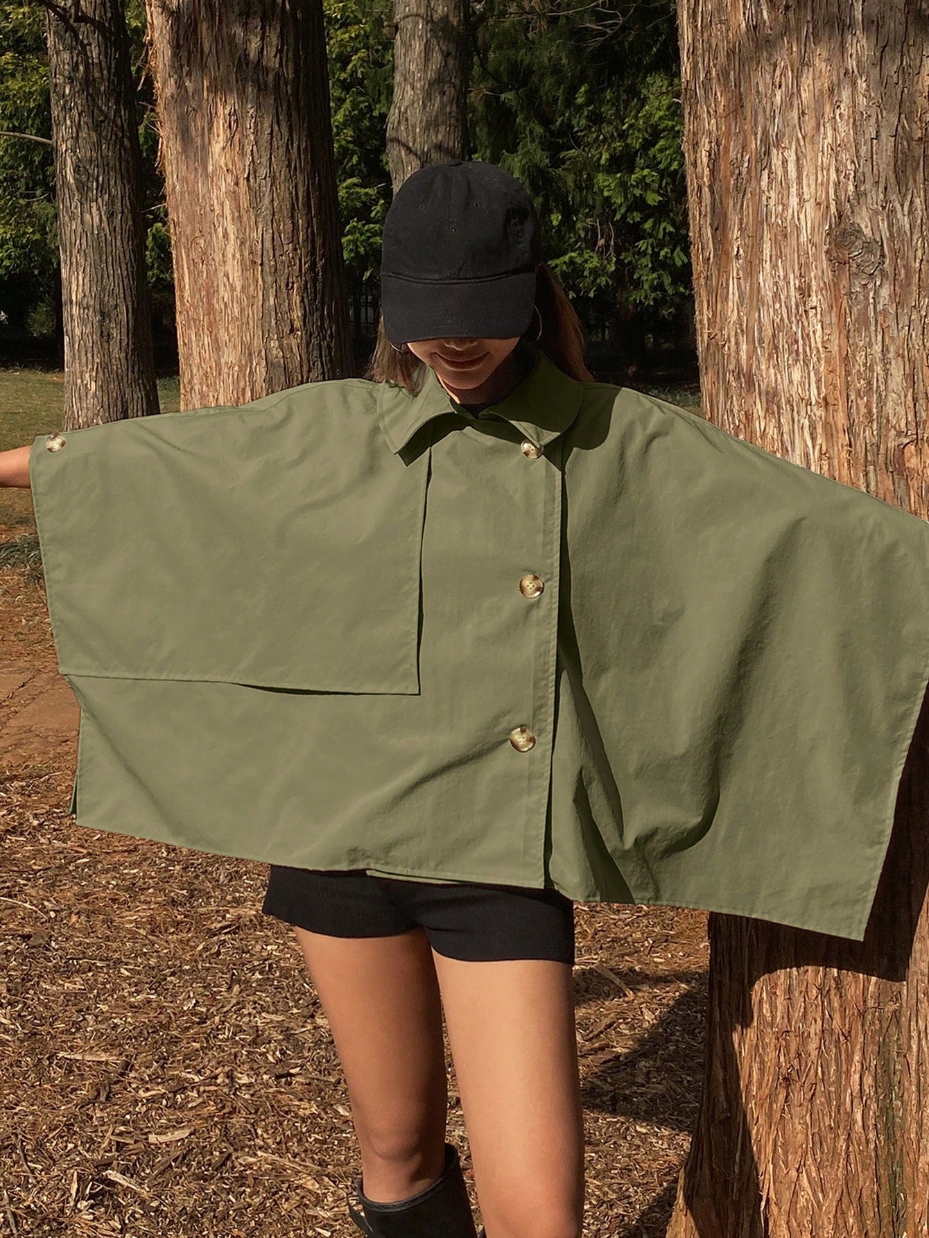 CM-CS663167 Women Casual Seoul Style Solid Color Loose Turndown Collar Bomber Jacket - Army Green