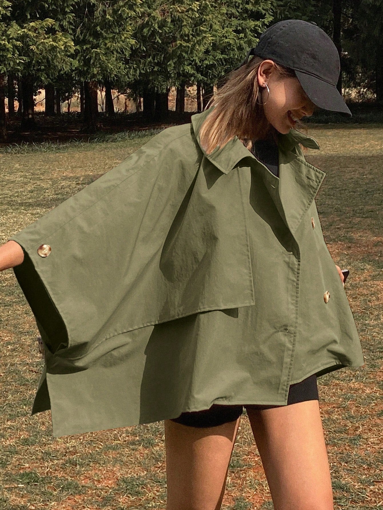 CM-CS663167 Women Casual Seoul Style Solid Color Loose Turndown Collar Bomber Jacket - Army Green