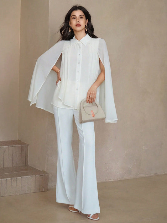 CM-SS801017 Women Elegant Seoul Style Solid Color Single Breasted Cape Shirt With Long Pants - Set
