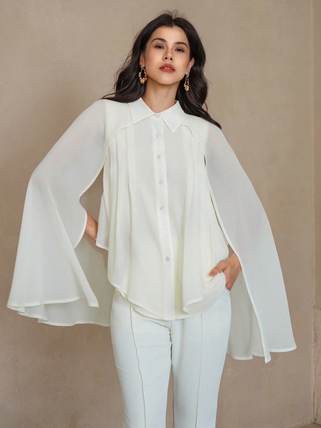 CM-SS801017 Women Elegant Seoul Style Solid Color Single Breasted Cape Shirt With Long Pants - Set