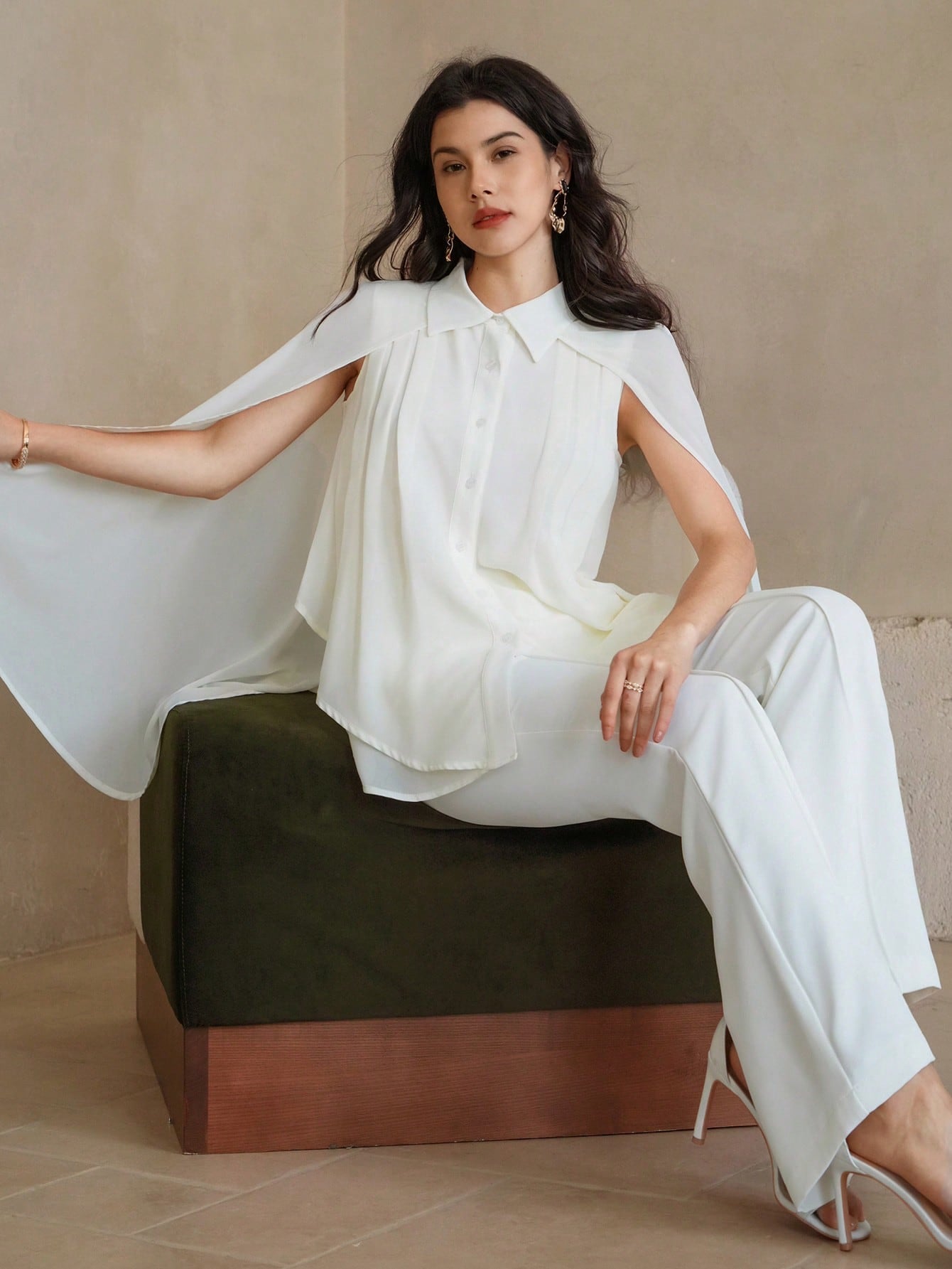 CM-SS801017 Women Elegant Seoul Style Solid Color Single Breasted Cape Shirt With Long Pants - Set