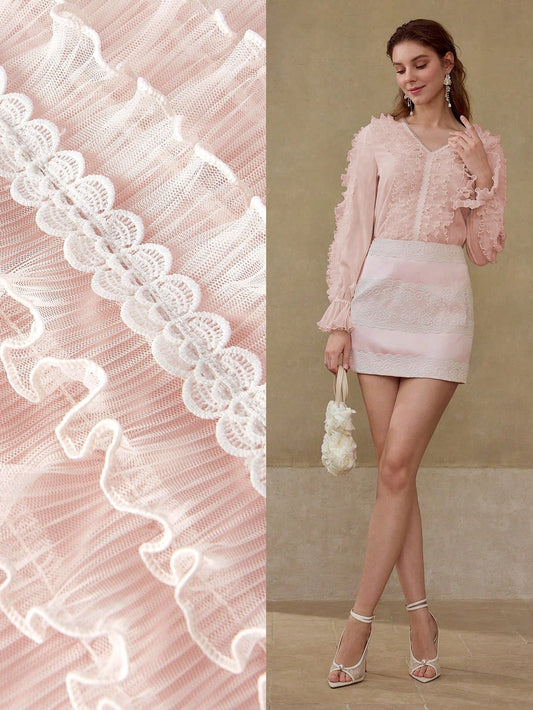 CM-TS619279 Women Elegant Seoul Style V-Neck Long Sleeve Frill Contrast Lace Blouse - Pink