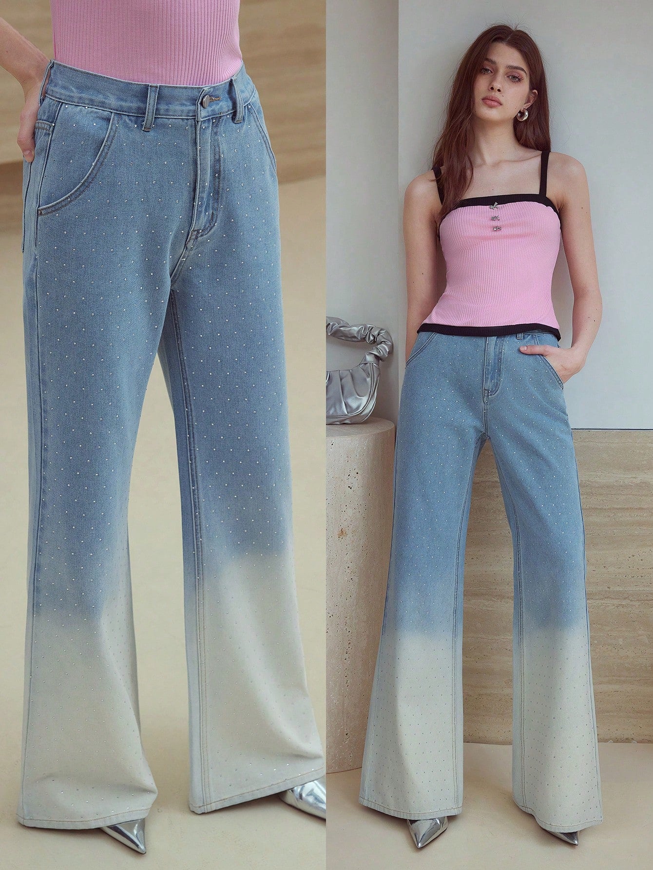 CM-BS602772 Women Casual Seoul Style Rhinestone Ombre Loose Flare Leg Jeans - Blue