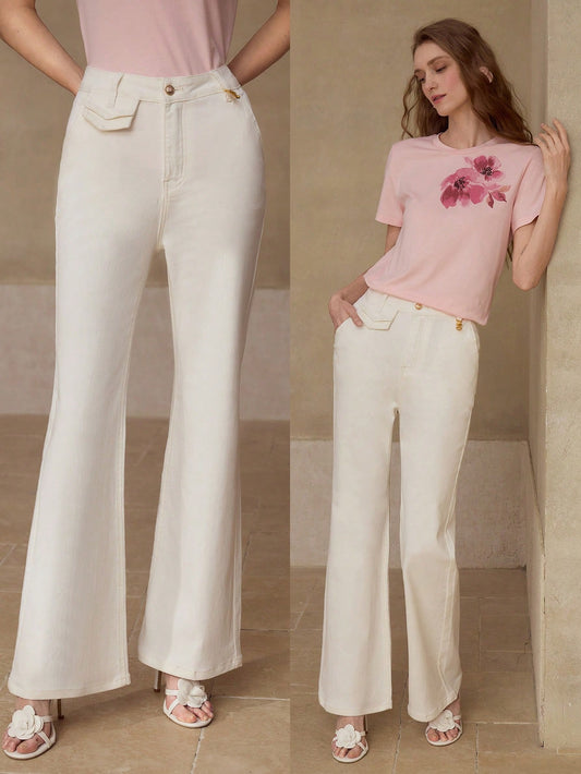CM-BS066176 Women Casual Seoul Style Premium Metal Decor Slim Fit Flare Leg Jeans - White